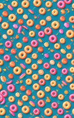 
pattern of colorful donuts on light blue background