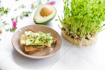Sandwich with cheese and raw greenery in plate, healthy breakfast, dieting