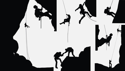 People man woman rock climbing vector silhouette of indoor outdoor free climbers collection - obrazy, fototapety, plakaty