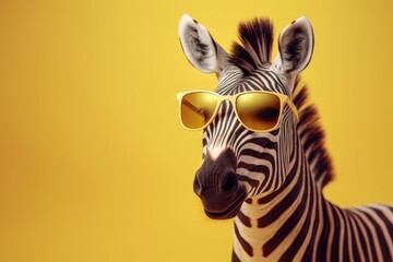 Funny cute zebra in sunglasses with happy emotion. AI generated, human enhanced - obrazy, fototapety, plakaty