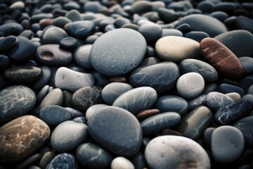 Fototapeta na wymiar Abstract background with dry dark stones or pebbles, selective focus. AI generated, human enhanced.