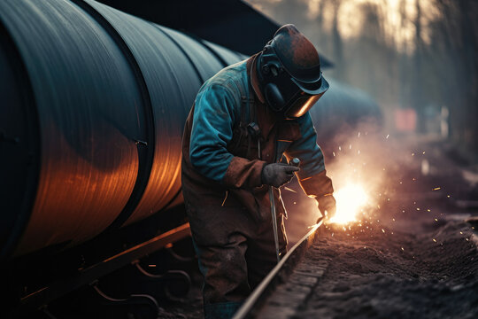 Worker welding metal pipes in pipeline construction, high quality generative ai