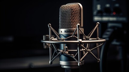 Microphone on the table in the recording studio, close-up. Podcasr studio. AI generated