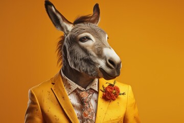 Anthropomorphic donkey dressed in a suit like a businessman. Business Concept. AI generated, human enhanced.