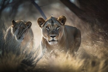 Pride of lions in nature. AI generated, human enhanced