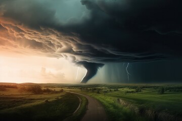 Obraz na płótnie Canvas Tornado In Stormy Landscape. Hurricane wind. Climate Change And Natural Disaster Concept. AI generated, human enhanced