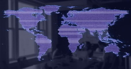 Animation of glitch effect over world map against empty office - Powered by Adobe