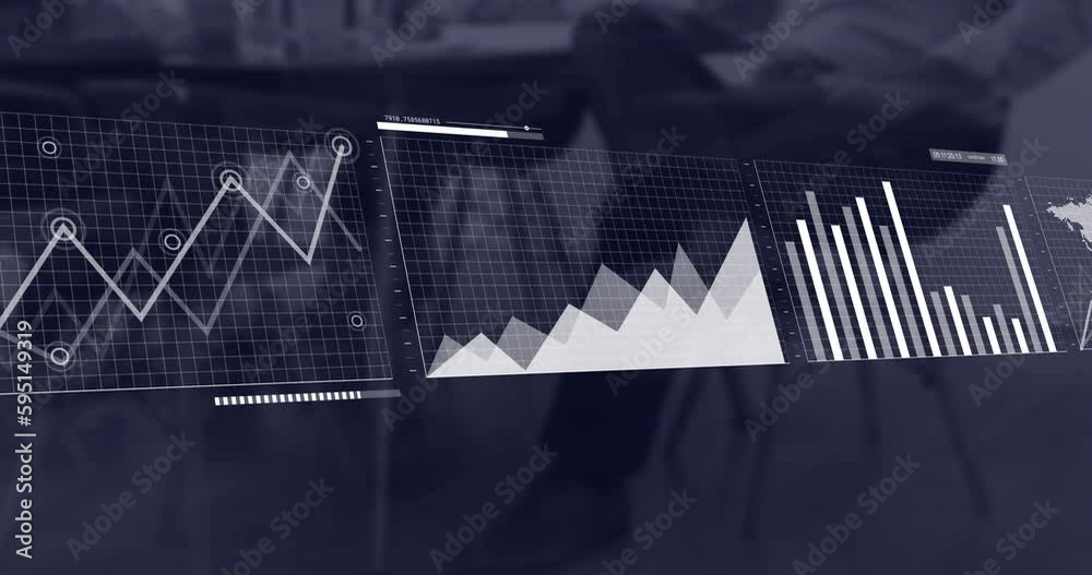 Poster animation of multiple graphs and map over midsection of businessman sitting in cafes