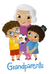 cartoon scene with happy loving family grandmother grandma children grandson and granddauhter on white background illustration for children