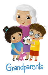 cartoon scene with happy loving family grandmother grandma children grandson and granddauhter on white background illustration for children