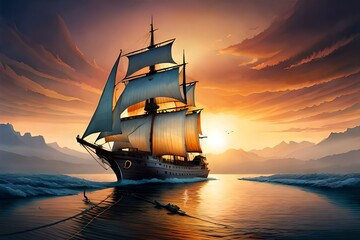 Sailing ship in the ocean at sunset Generative AI