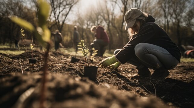 Group People planting seedlings in the spring garden. Selective focus. AI generated