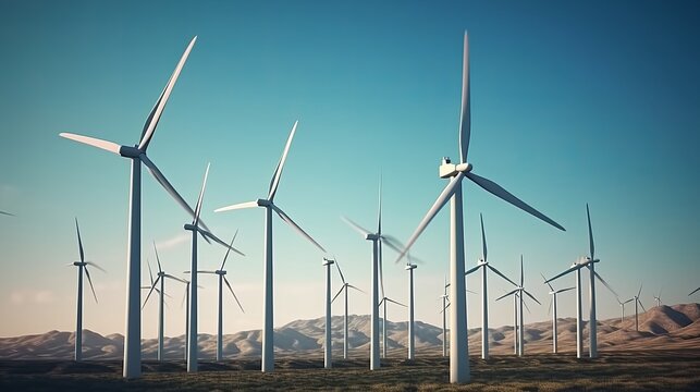 A row of wind turbines in a field. AI