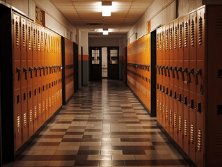 School Hallway with Lockers Lining Both Sides - generative AI