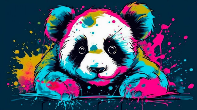 baby pretty panda, comic pop art style with lots of color, panda drawing. Generative Ai