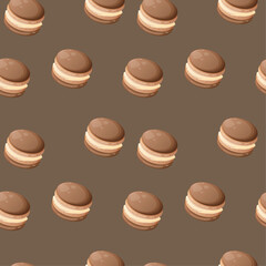 Seamless pattern with chocolate cute cartoon macaroons on a brown background. Bright seamless pattern with sweets for confectioner or postcard. Sweet background for candy store