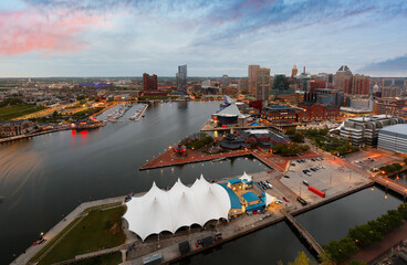 Bird's eye view of the Baltimore’s Inner Harbor at sunset, Maryland.  Baltimore is a major city in Maryland with a long history as an important seaport.
