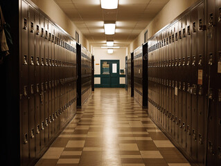 School Hallway with Lockers Lining Both Sides - generative AI