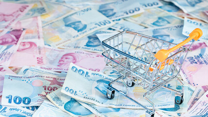 Cost of living concept. Empty cart on a stack of Turkish liras. Inflation rising in Turkey....