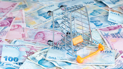 Cost of living concept. Empty cart on a stack of Turkish liras. Inflation rising in Turkey. Economic crisis. Rising costs in daily life