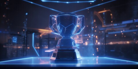 Fototapeta premium E-Sports winner trophy at studio illuminated by neon lights with blurred background. Generative AI.