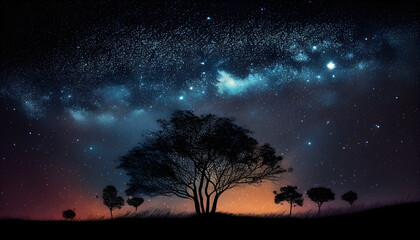 Fototapeta na wymiar beautiful sky night with stars background, Big trees and the background is the sky and stars at night for tarvel advertising Generative AI