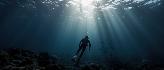 A person in a wet suit is swimming in the ocean. AI generative image