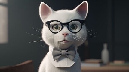 funny white cat wearing bow tie and glasses, digital art illustration, Generative AI