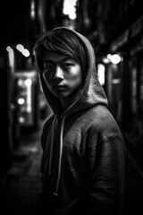 Fototapeta na wymiar A monochrome image of a young Japanese looking teenager boy, standing in a narrow alley, wearing a hooded sweater and exuding a sense of cool and casual style. Created with generative A.I. technology.