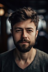 Fototapeta premium Playful and inviting close-up portrait of a young man with short beard, styled hair, and a friendly smile. Created with generative A.I. technology.
