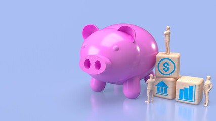 The piggy bank and wood cube  for saving or business concept 3d rendering