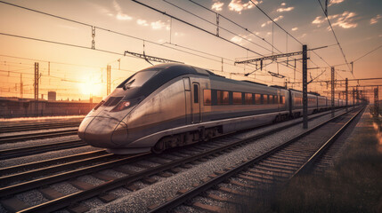 Naklejka premium an express train runs in the sunset. transportation concept. Generative AI