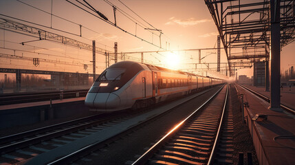 Fototapeta premium an express train runs in the sunset. transportation concept. Generative AI