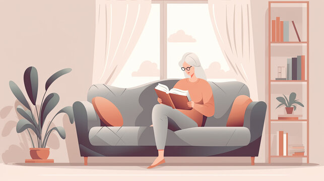 a pretty middle-aged woman sits comfortably on the couch and reads a book. Generative AI