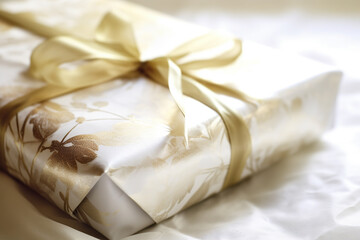 Gift wrapped in a paper with golden print design, closeup. Generative AI