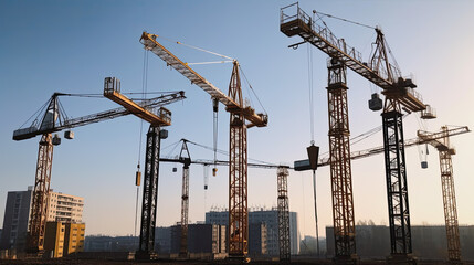 low angle view on cranes with a clear blue sky. Generative AI