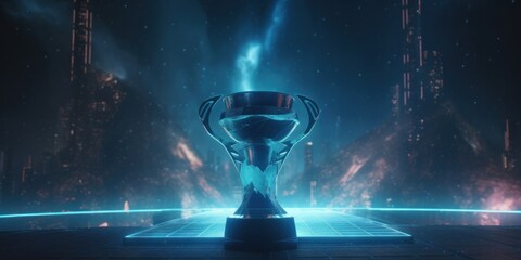 E-Sports winner trophy at studio illuminated by neon lights with blurred background. Generative AI.