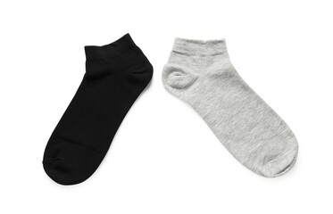 Different socks isolated on white, top view