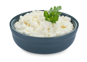 Delicious tofu cream cheese with parsley in bowl isolated on white