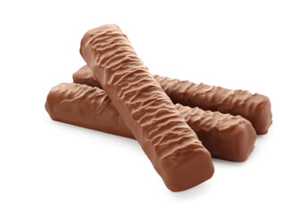 Sweet tasty chocolate bars on white background