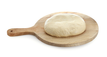 Fresh yeast dough and wooden board isolated on white
