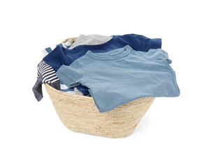 Laundry basket with baby clothes isolated on white