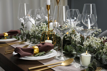 Stylish elegant table setting for festive dinner