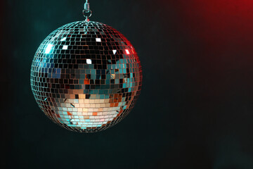Shiny disco ball on dark background, space for text