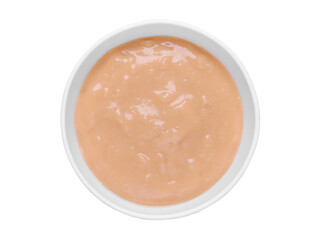 Bowl with healthy baby food isolated on white, top view
