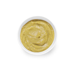 Bowl with healthy baby food isolated on white, top view