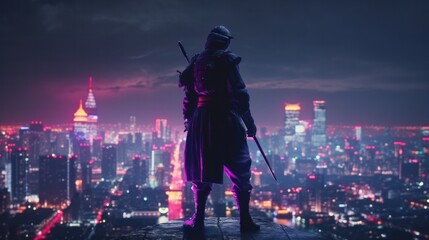 Samurai standing on the roof with night city neon lights on background. Generative AI.