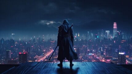 Samurai standing on the roof with night city neon lights on background. Generative AI. - obrazy, fototapety, plakaty