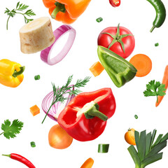 Spice mix for dish. Set of falling fresh vegetables and herbs on white background