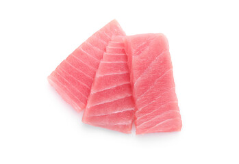 Tasty sashimi (pieces of fresh raw tuna) on white background, top view